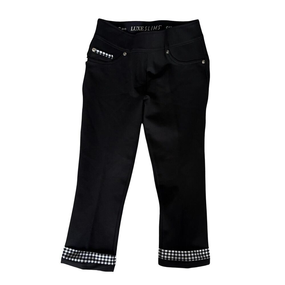NYGARD LUXE SLIMS Capri Pants Size XS (2-4) Black Plaid Trim Stretch Pull-On EUC